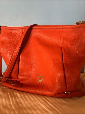MCM Orange Embossed Leather Shoulder Hobo Bag with Gold Hardware